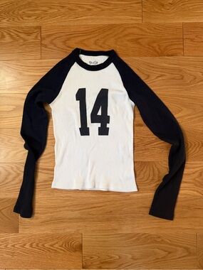 Brandy Melville White and Black Raglan '14' Crew Long Sleeve